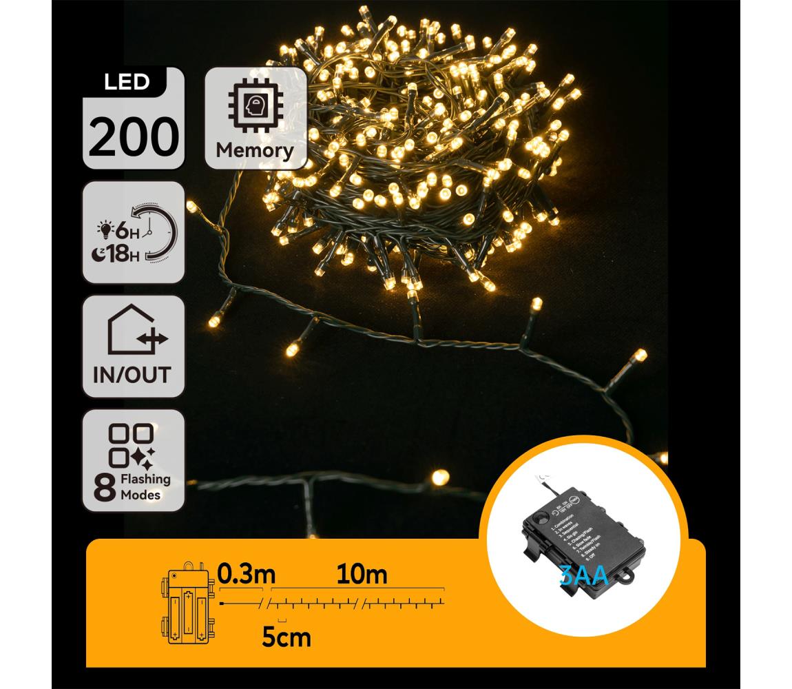 B.V.  - LED vonkajší svetelný reťazec 200×LED/8 funkcií, 3×AA, 10,3 m, IP44, teplá biela B10303K2K