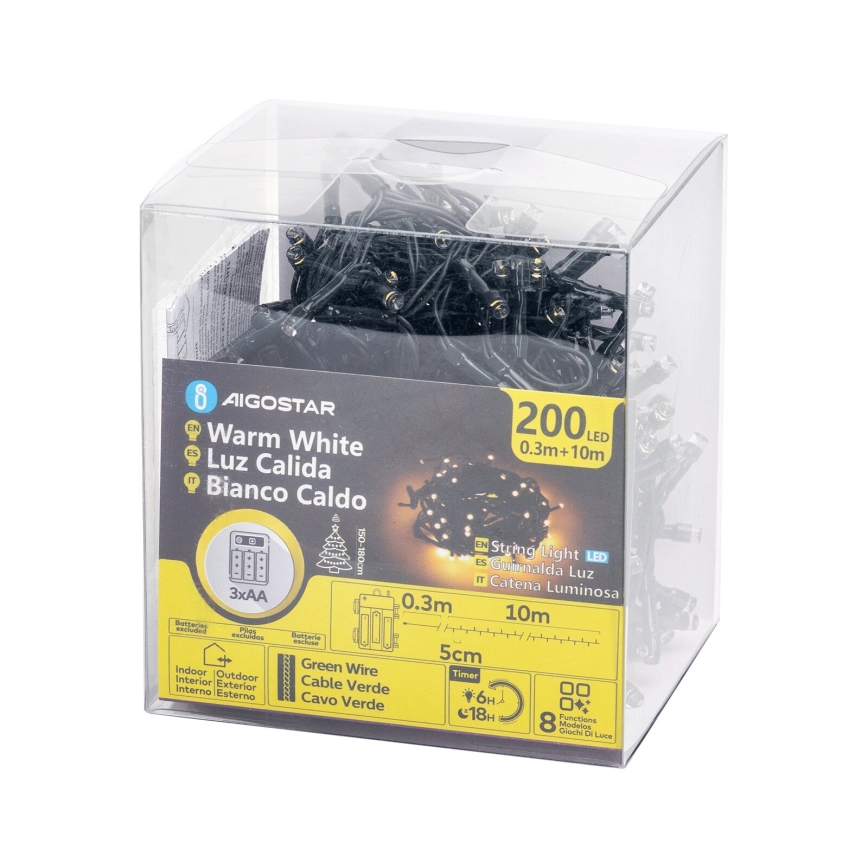 Svetelná reťaz s 200 LED diódami s teplou bielou farbou svetla je zabalená v priehľadnej plastovej krabici. Reťaz je dlhá 10m plus 0.3m kábla, má zelený kábel a je napájaná 3xAA batériami. K dispozícii je aj časovač.