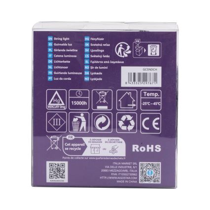 Balenie svetiel s označením GCSNDCH. Obsahuje informácie o likvidácii a technické parametre (15000 hodín, -25°C až 45°C), certifikáty CE a RoHS. Vyrobené v Číne.