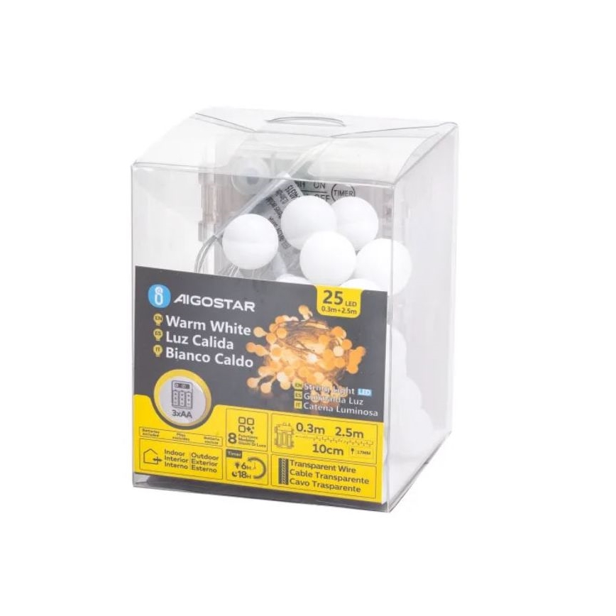 LED svetielka s bielymi guličkami v priehľadnom plastovom obale. Svietia teplou bielou farbou. Sú určené na vnútorné aj vonkajšie použitie. Balenie obsahuje 25 LED svetielok s dĺžkou 2,5 m a rozostupom 10 cm.