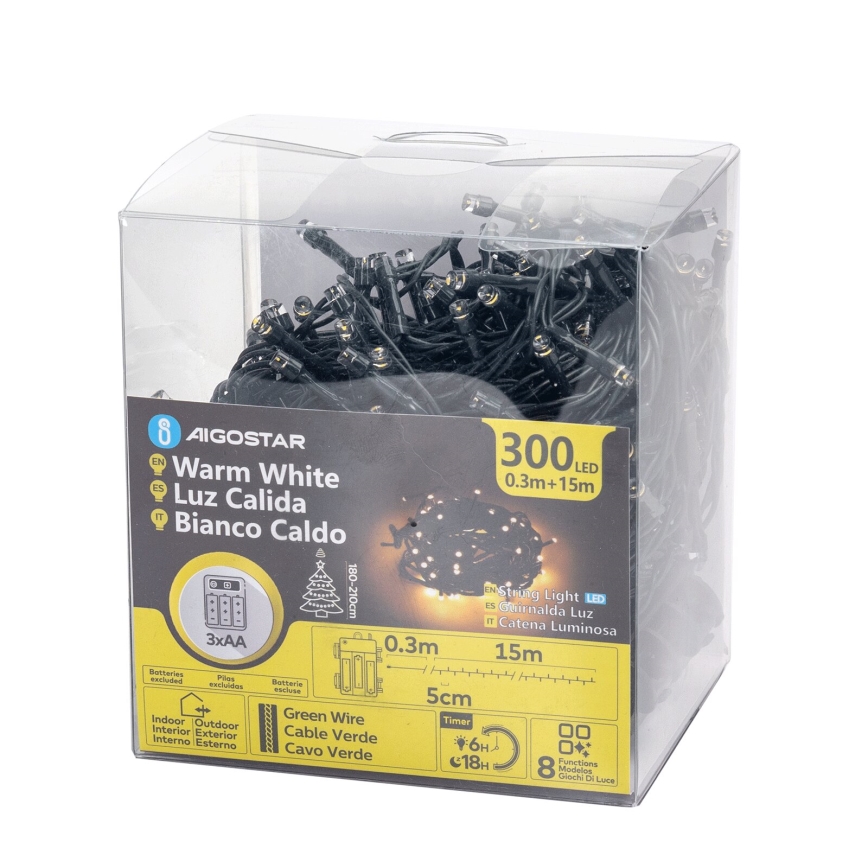 Aigostar-LED Vonkajší svetelný reťazec 300xLED/8 funkcií 3xAA 15,3m IP44 teplá biela