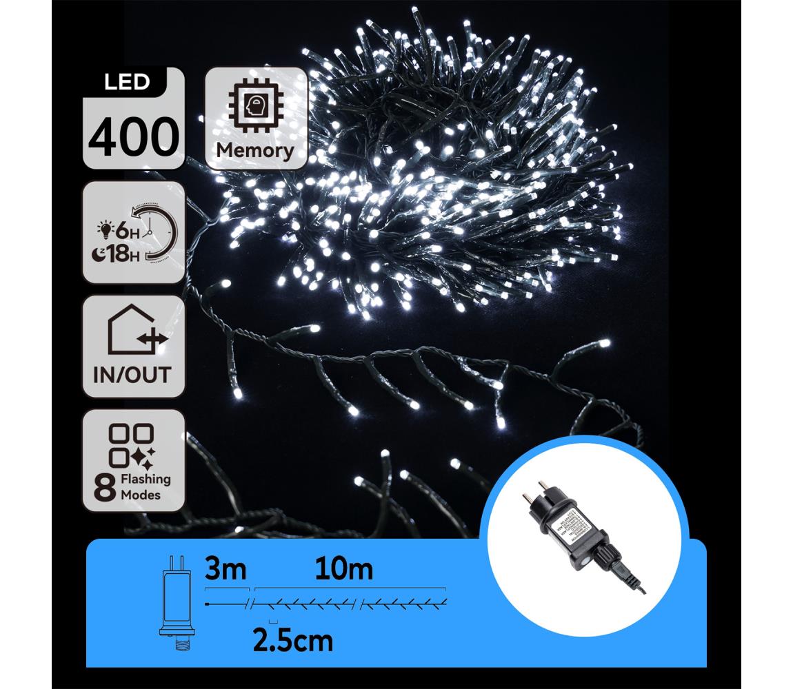 B.V.  - LED vonkajší svetelný reťazec, 400 LED, 8 režimov, 13 m, IP44, studená biela B103031O4
