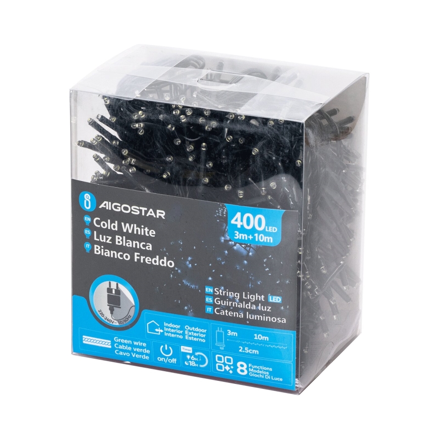 LED svetielkový pás s 400 LED diódami v balení. Pás je dlhý 13 metrov (3m + 10m), má zelený kábel a 8 svetelných režimov. Balenie je priehľadné.