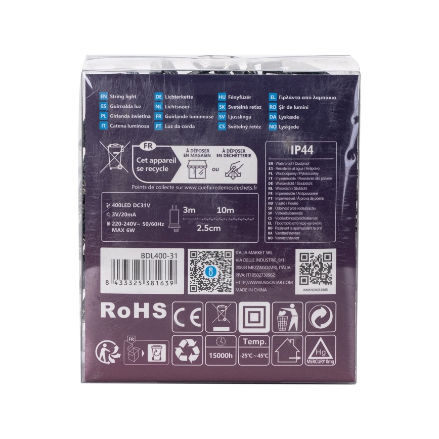 Balenie svetiel s popisom: 400 LED diód, 3V/20 mA, 220-240V, 50/60 Hz, max. 6 W, dĺžka 3m alebo 10m, rozstup 2,5 cm. Balenie obsahuje informácie o recyklácii a technické parametre.