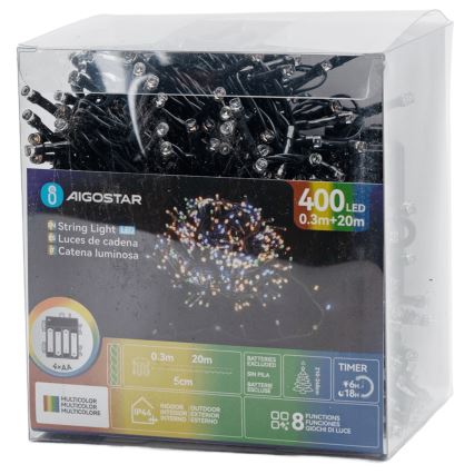 Aigostar - LED vonkajšia reťaz 400xLED/8 režimov, napájanie 4xAA, 20,3 m, IP44, viacfarebné