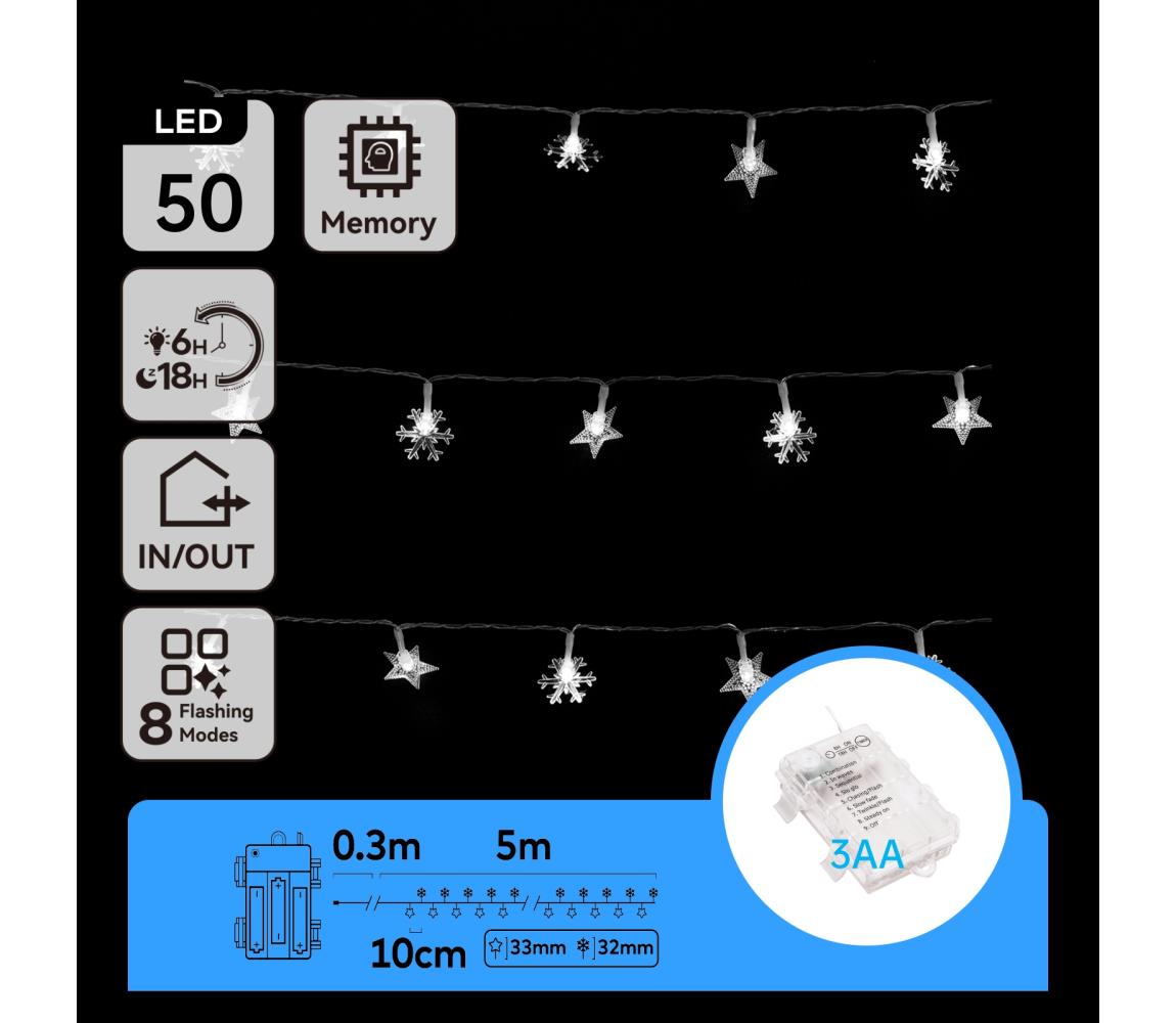 B.V. - LED vonkajší svetelný reťazec 50 × LED, 8 režimov, napájanie 3 × AA, dĺžka 5 m, IP44, studená biela B10303K52
