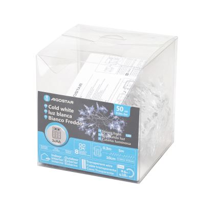 Aigostar - LED vonkajší svetelný reťazec 50 × LED, 8 režimov, napájanie 3 × AA, dĺžka 5 m, IP44, studená biela