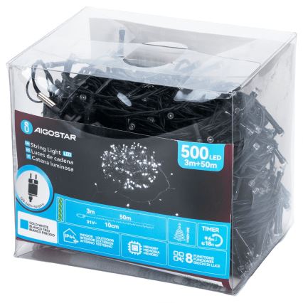 Aigostar - LED vonkajší svetelný reťazec 500 LED / 8 režimov, 53 m, IP44, studená biela