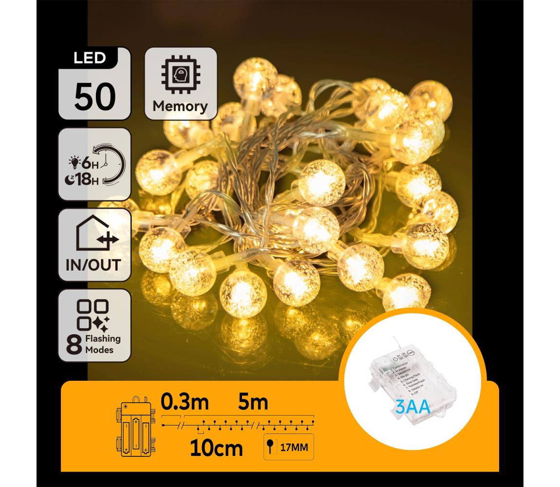 B.V.  - LED vonkajší svetelný reťazec 50xLED/3xAA/8 funkcií, 5,3 m, IP44, teplá biela B10303K4P
