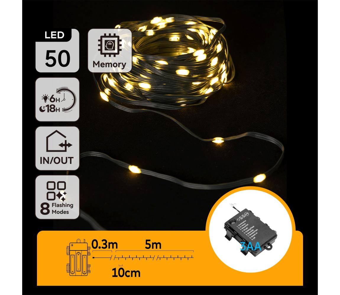 B.V.  - LED vonkajší svetelný reťazec 50xLED/8 funkcií 3xAA 5,3 m IP44 teplá biela B10303K1I