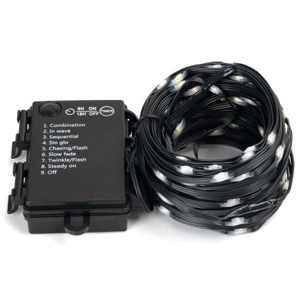 Svetelný reťaz s ovládačom s časovačom (6 hodín zapnuté, 18 hodín vypnuté) a deviatimi svetelnými režimami: kombinácia, vlna, sekvenčné, pomalé svietenie, prenasledovanie/blesk, pomalé zhasínanie, trblietanie/blesk, stále svietenie a vypnuté. Reťaz je stočená na bielom pozadí.