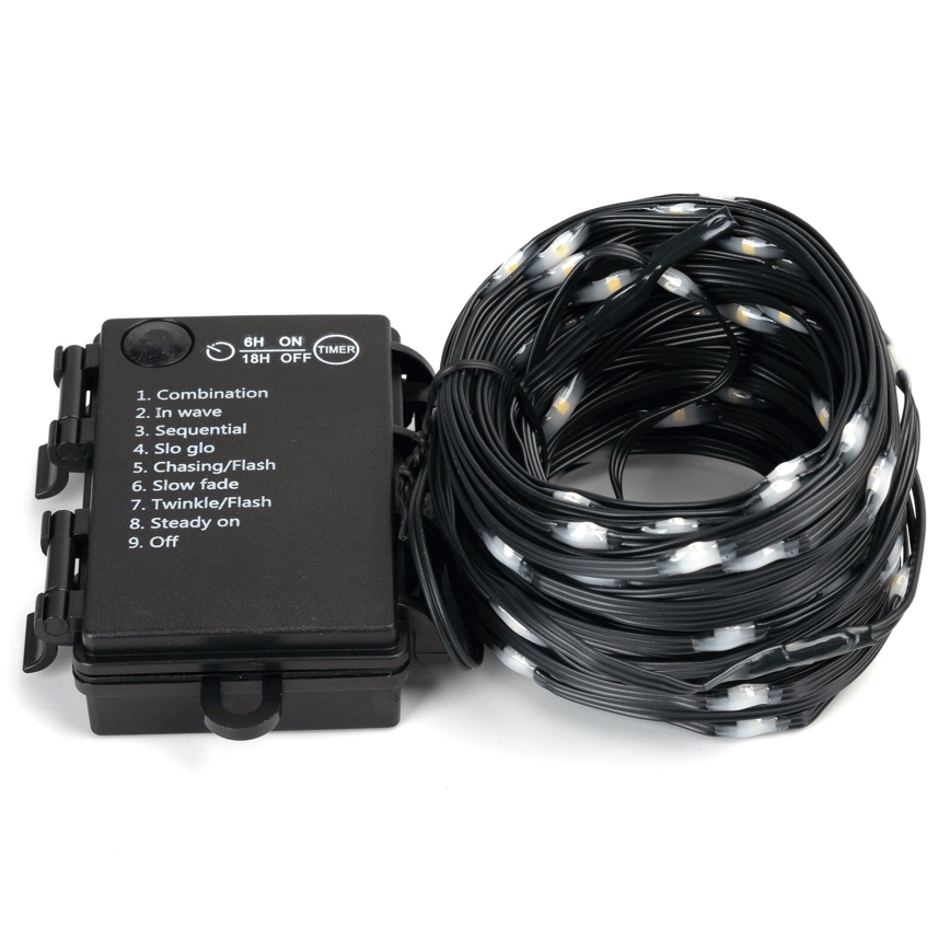 Svetelný reťaz s ovládačom s časovačom (6 hodín zapnuté, 18 hodín vypnuté) a deviatimi svetelnými režimami: kombinácia, vlna, sekvenčné, pomalé svietenie, prenasledovanie/blesk, pomalé zhasínanie, trblietanie/blesk, stále svietenie a vypnuté. Reťaz je stočená na bielom pozadí.