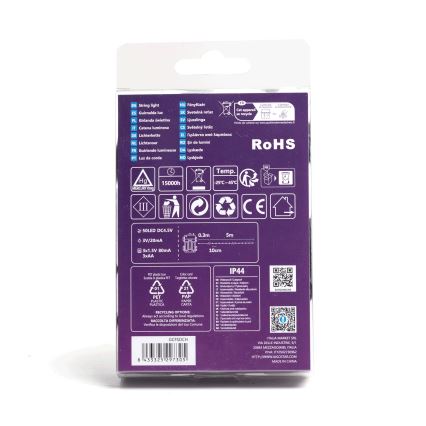 Balenie LED svetiel obsahuje technické údaje: 50 LED diód, napätie 4,5 V, prúd 20 mA, dĺžka 5 metrov, trieda krytia IP44, prevádzková teplota -25°C až 45°C, životnosť 15 000 hodín. Balenie je recyklovateľné.