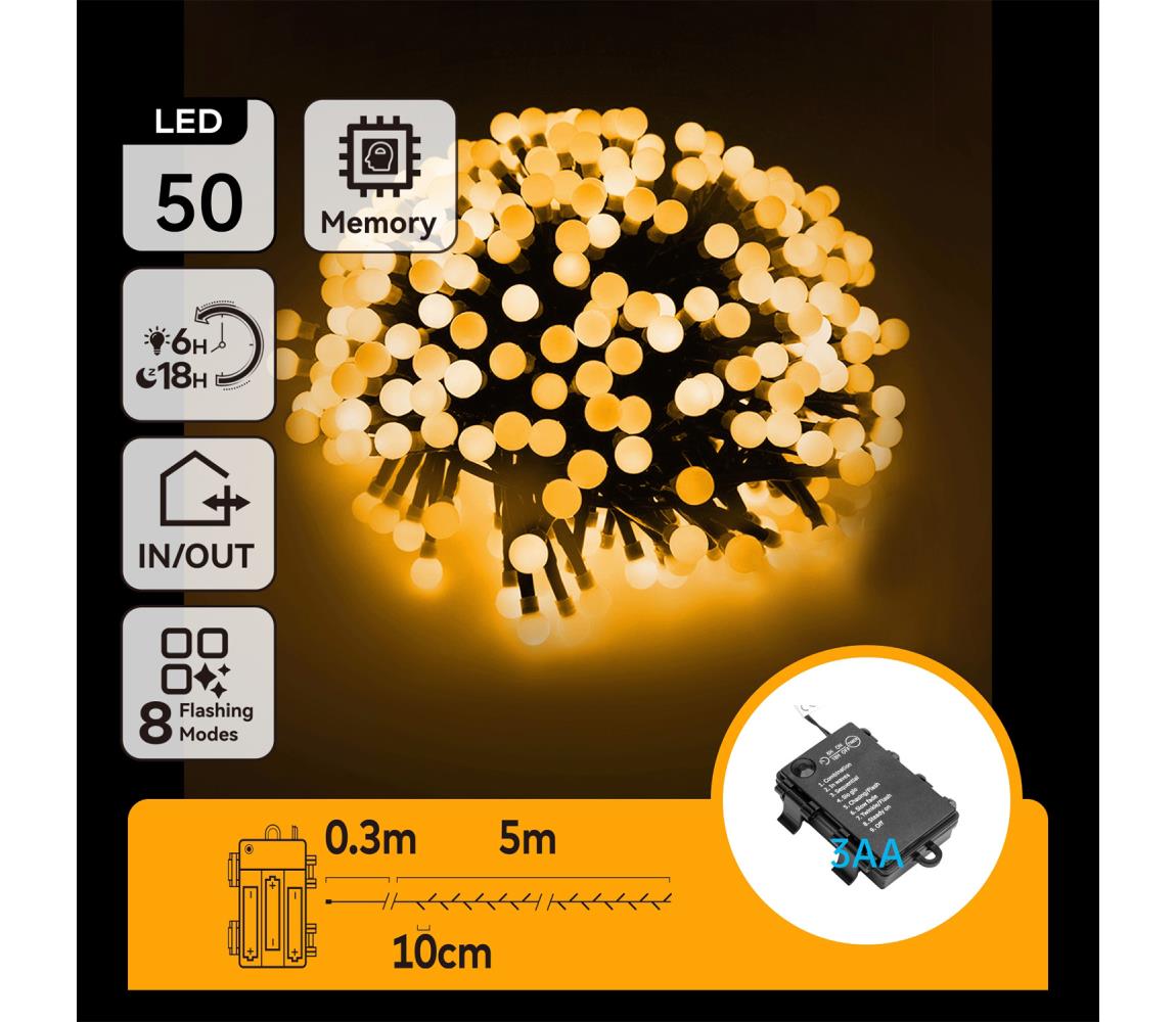 B.V. - LED vonkajší svetelný reťazec 50×LED/8 funkcií 3×AA 5,3 m IP44 teplá biela B10303K5H