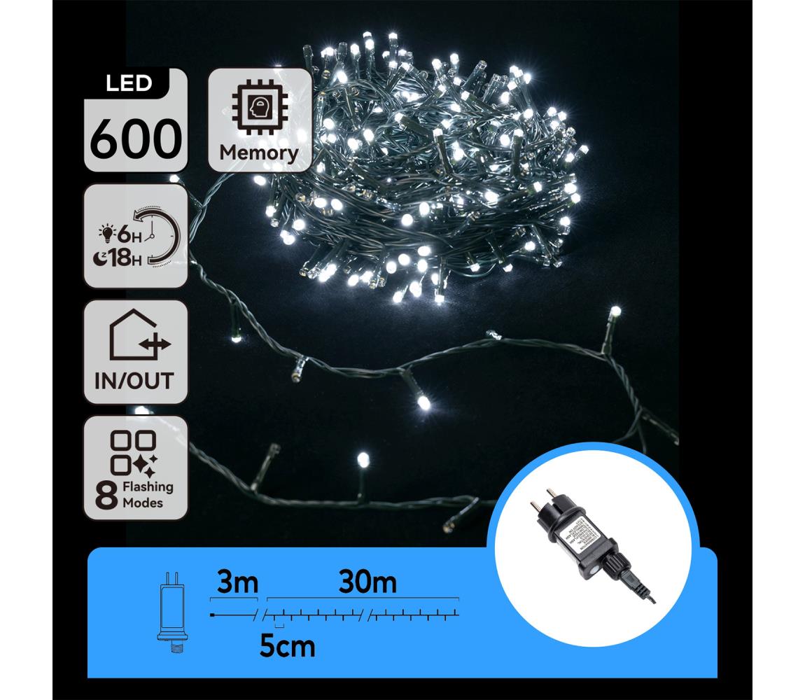 B.V.  - LED vonkajší svetelný reťazec 600xLED/8 funkcií 33 m IP44 studená biela B103031OT