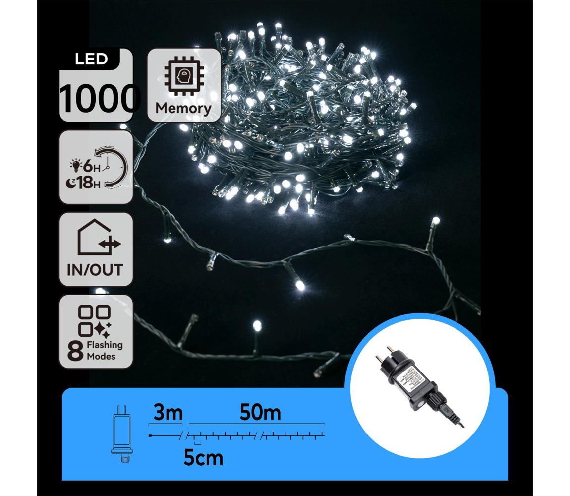 B.V. - LED Vonkajší vianočný reťaz 1000xLED/8 funkcií 53m IP44 studená biela B103031OU