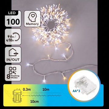 Aigostar - LED vonkajší vianočný reťaz 100xLED/8 funkcií 3xAA 10,3m IP44 teplá biela/studená biela