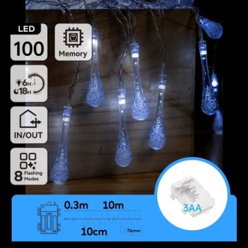 Aigostar - LED Vonkajší vianočný reťaz 100xLED/8 funkcií 3xAA 10m IP44 studená biela kvapky