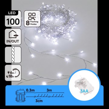 Aigostar - LED Vonkajší vianočný reťaz 100xLED/8 funkcií 3xAA 3,3m IP44 studená biela