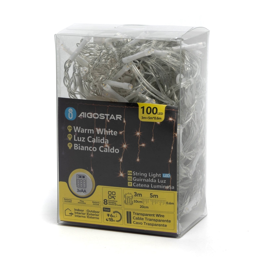 Svetelný reťaz s 100 LED diódami, teplej bielej farby, v priehľadnom plastovom obale. Reťaz je dlhá 3m + 5m s rozostupom LED 10cm, kábel je priehľadný, napájanie 3xAA batérie. Vhodné pre vnútorné aj vonkajšie použitie.