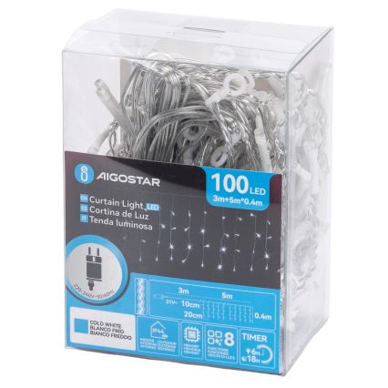 Aigostar - LED vonkajší vianočný reťaz 100xLED/8 funkcií 5x0,4m IP44 studená biela