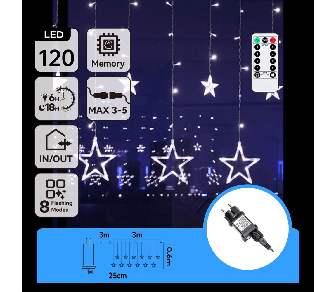 B.V. - LED vonkajší vianočný reťaz 120xLED/6W/230V/8 funkcií 3x0,6m IP44 studená biela + diaľkové ovládanie B10303S75