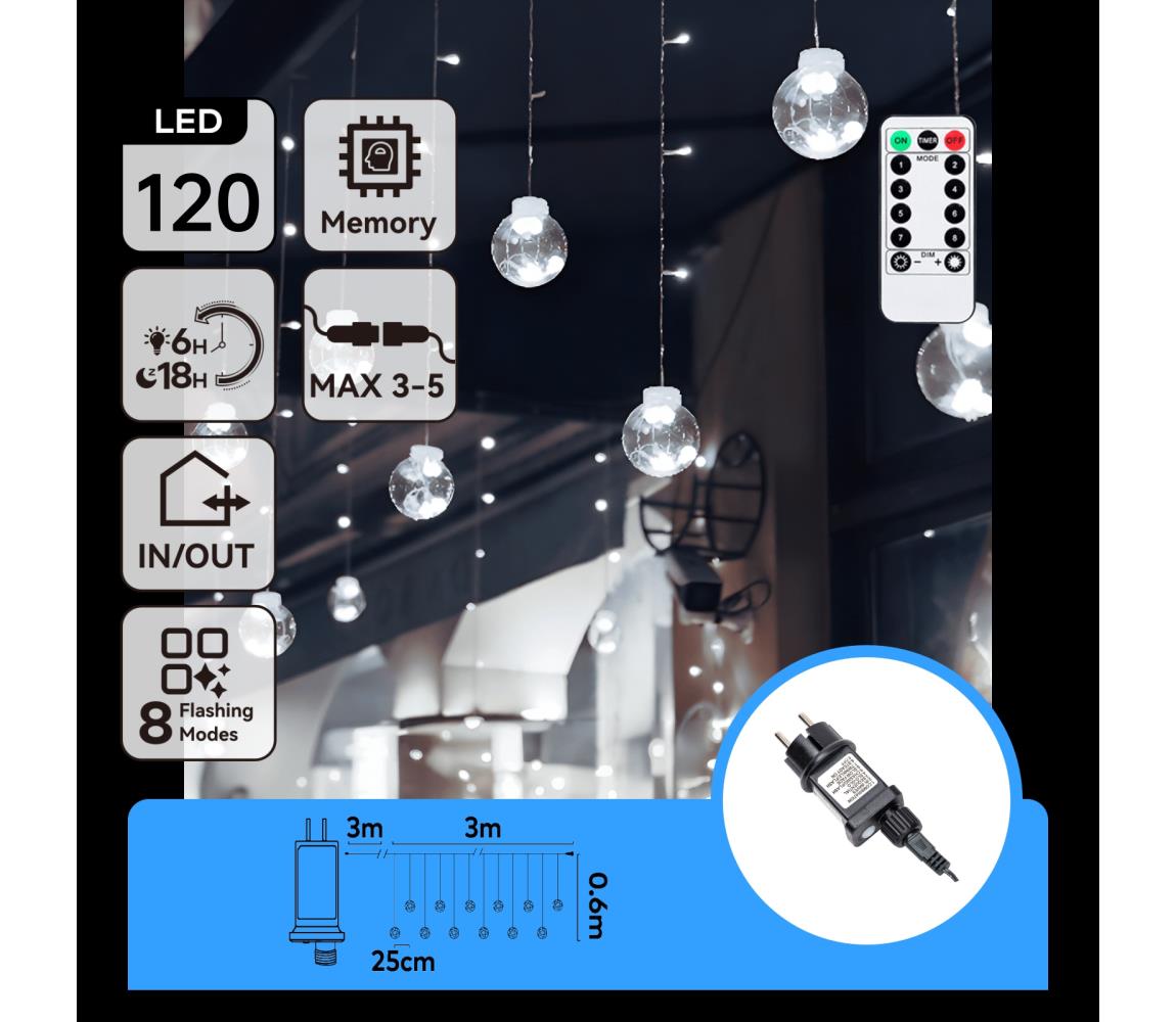B.V. - LED vonkajší vianočný reťaz 120xLED/6W/230V/8 funkcií 3x0,6m IP44 studená biela+DO B10303S72
