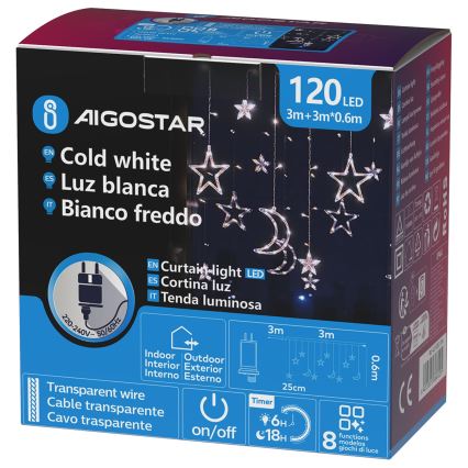 Aigostar - LED vonkajší vianočný reťaz 120xLED/6W/230V/8 funkcií 3x0,6m IP44 studená biela + diaľkové ovládanie