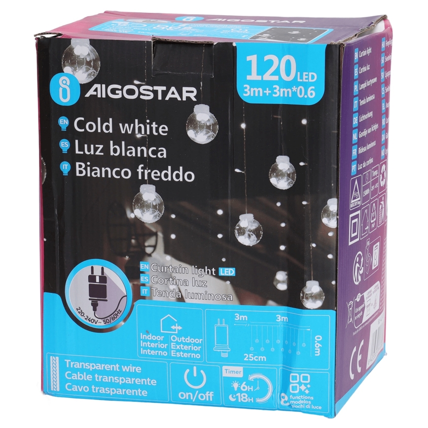 Aigostar - LED vonkajšia svetelná reťaz 120 LED / 8 funkcií 3×0,6 m IP44 studená biela + diaľkové ovládanie