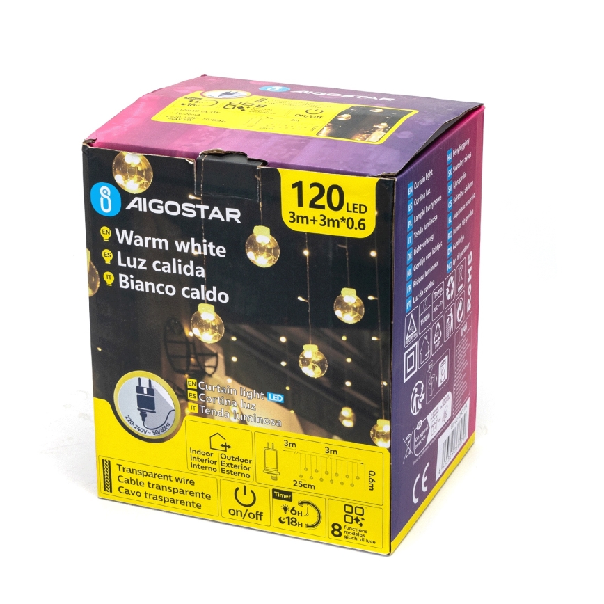 Aigostar - LED vonkajšia vianočná reťaz 120xLED/8 funkcií 3x0,6m IP44 teplá biela + diaľkové ovládanie