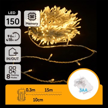 Aigostar -LED Vonkajší vianočný reťaz 150xLED/8 funkcií 3xAA 15,3m IP44 teplá biela