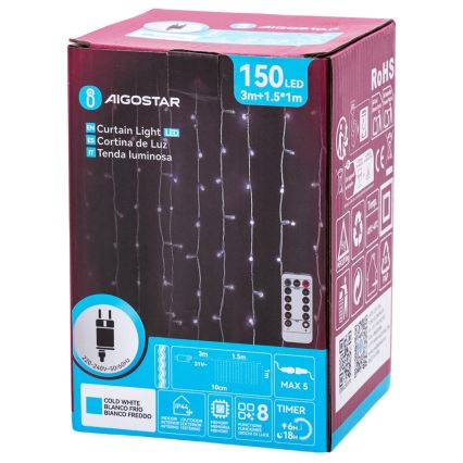 Aigostar - LED vonkajší vianočný reťaz 150xLED/6W/230V/8 funkcií 1,5x1m IP44 studená biela + diaľkové ovládanie