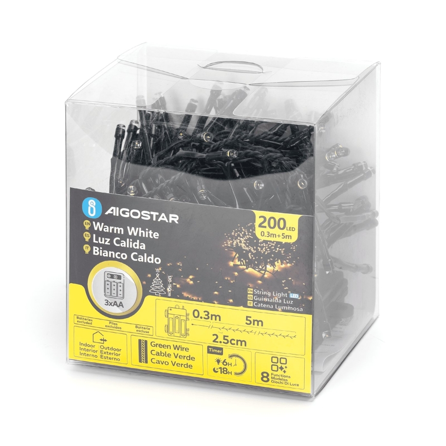 Aigostar - LED Vonkajší vianočný reťaz 200xLED/8 funkcií 3xAA 5,3m IP44 teplá biela