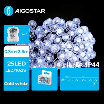 Aigostar - LED vonkajší vianočný reťaz 25xLED/3xAA/8 funkcií 2,8 m IP44 studená biela