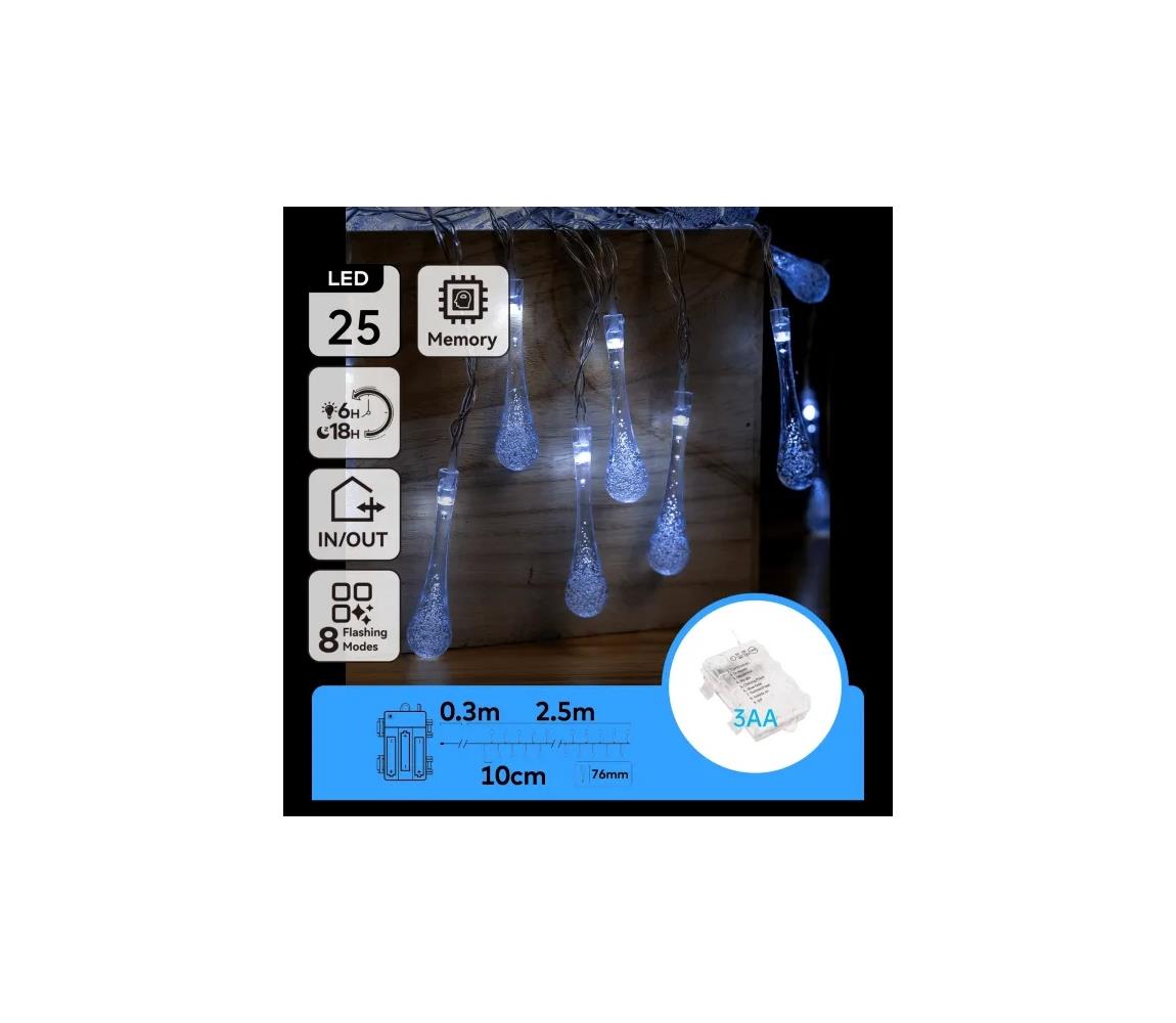 B.V. - LED vonkajší vianočný reťaz 25xLED/8 funkcií 3xAA 2,5m IP44 studená biela kvapky B10303K5A