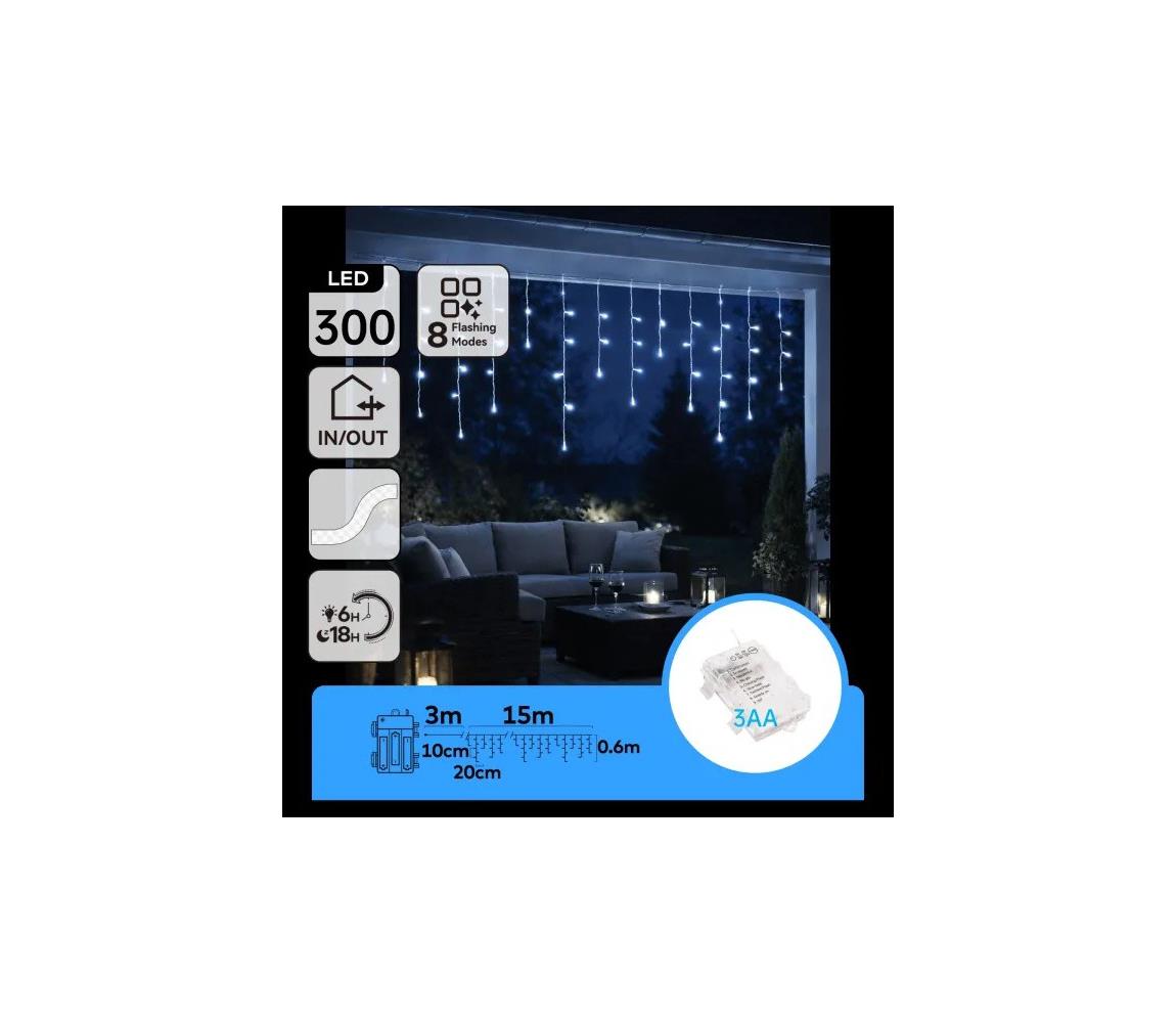 B.V.  - LED vonkajší vianočný reťaz 300xLED/8 funkcií 3xAA 18x06m IP44 studená biela B10303K42