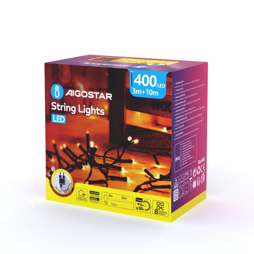 Aigostar - LED Vonkajší vianočný reťaz 400xLED/8 funkcií 13m IP44 teplá biela