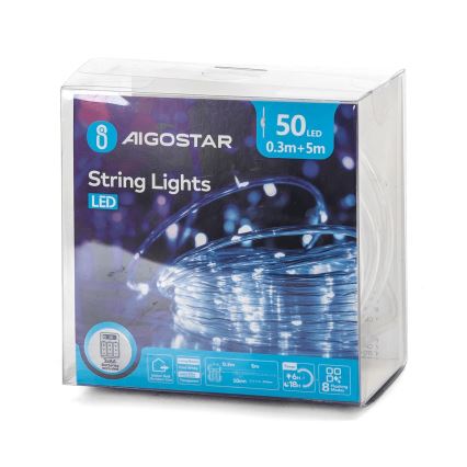 Aigostar - LED vonkajší vianočný reťaz 50xLED/8 funkcií 3xAA 5,3m IP44 studená biela
