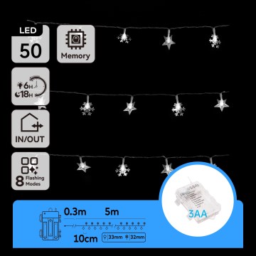 Aigostar - LED vonkajší vianočný reťaz 50xLED/8 funkcií 3xAA 5 m IP44 studená biela