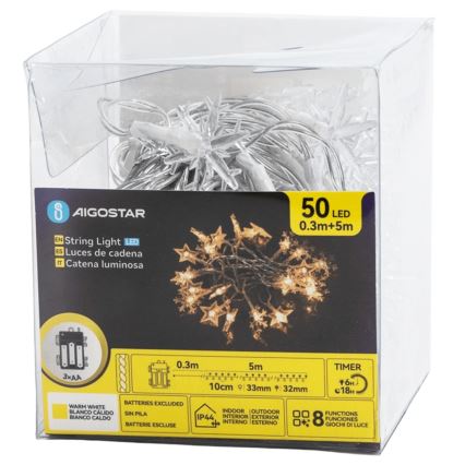 Aigostar - Vonkajší vianočný LED reťaz 50xLED/8 funkcií 3xAA 5m IP44 teplá biela hviezdy