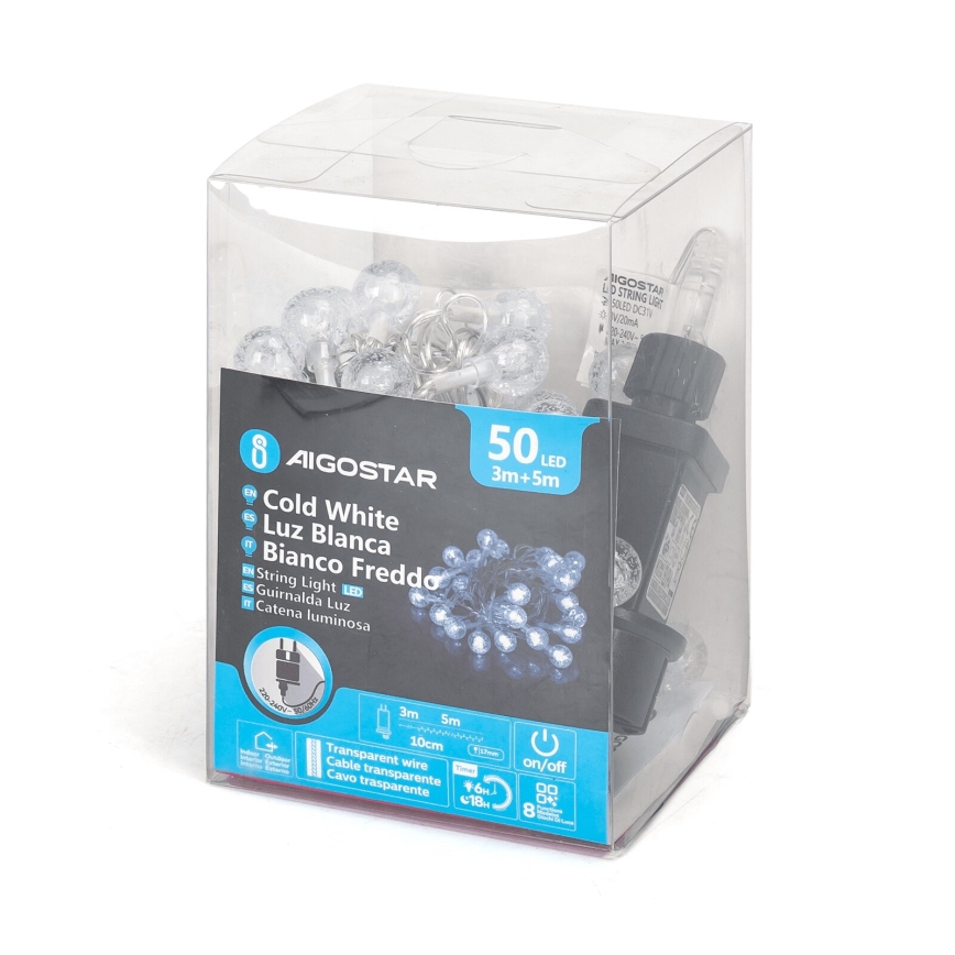 Svetlený veniec s 50 LED diódami v priehľadnom obale. Veniec svieti studenou bielou farbou. Obsahuje 3 a 5 metrové káble a transparentný vodič.