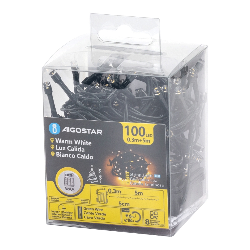 Aigostar - LED vonkajší vianočný reťazec 100xLED/8 režimov 3xAA 5,3 m IP44 teplá biela