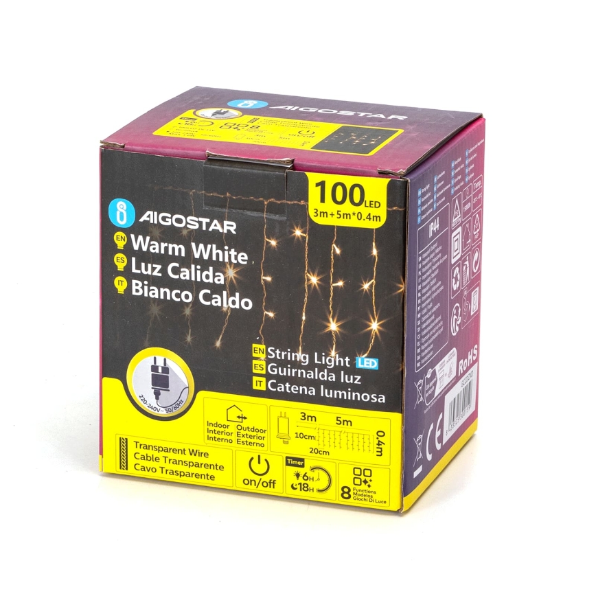 Aigostar - LED Vonkajší vianočný reťazec 100xLED/8 funkcií 8x0,4m IP44 teplá biela