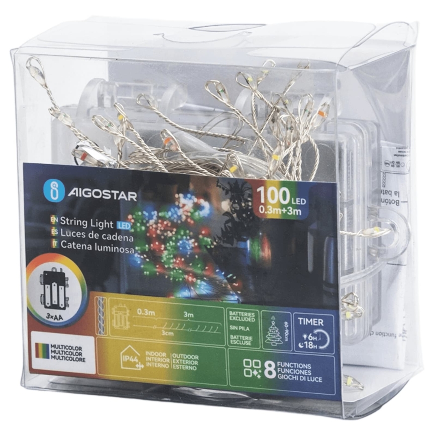 Aigostar - LED vonkajší vianočný reťazec 100×LED / 8 funkcií, 3×AA, 3,3 m, IP44, viacfarebný