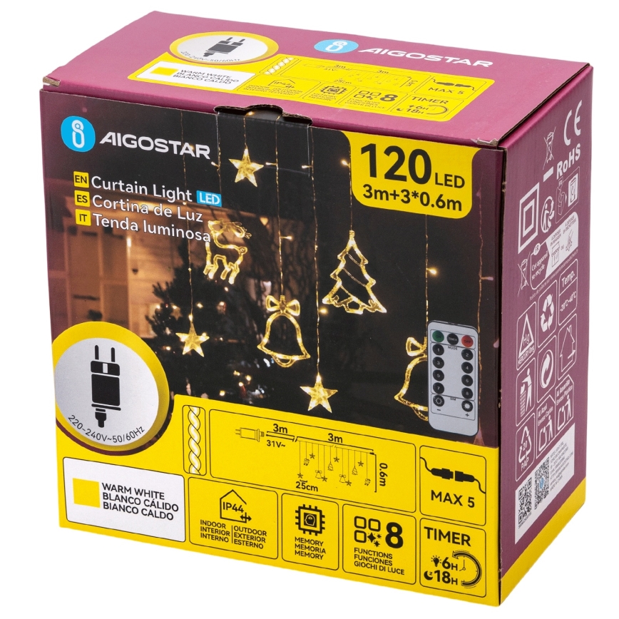 Aigostar - LED vonkajšia vianočná reťaz 120xLED/8 funkcií 3x0,6m IP44 teplá biela + diaľkové ovládanie
