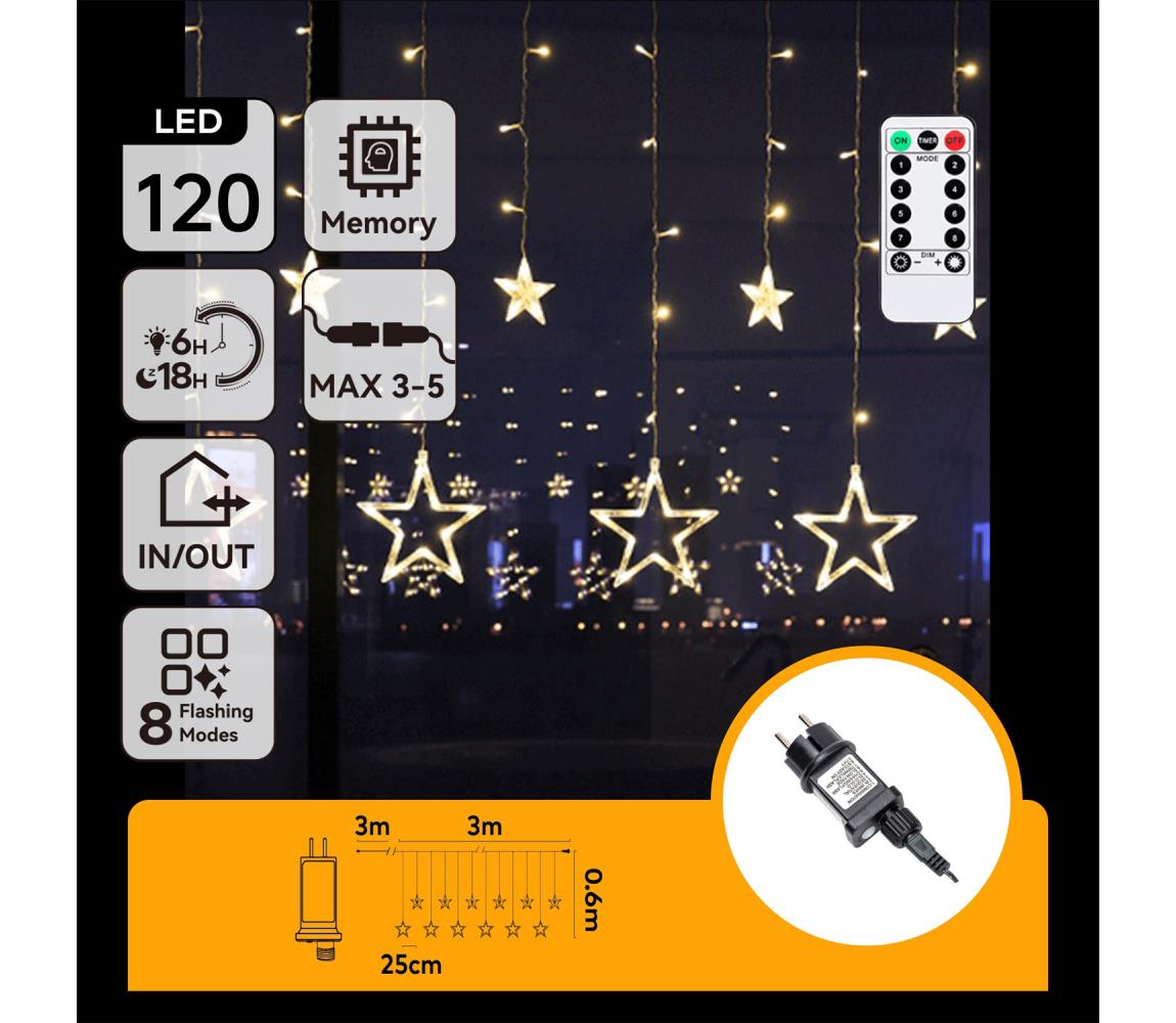 B.V.  - LED vonkajší vianočný reťazec 120xLED/6W/230V/8 funkcií 3x0,6m IP44 teplá biela+DO B10303S74