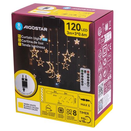 Aigostar - LED Vonkajší vianočný reťaz 120xLED/6W/230V/8 funkcií 3x0,6m IP44 teplá biela + diaľkové ovládanie