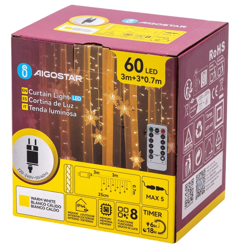 Aigostar - LED Vonkajší reťaz 120xLED/8 funkcií 3x0,7m IP44 teplá biela + diaľkové ovládanie