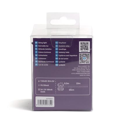 Svetlená reťaz v plastovom obale. Reťaz je dlhá 15 metrov, obsahuje 150 LED diód a pracuje na 4,5V DC. Balenie udáva technické parametre a QR kód.