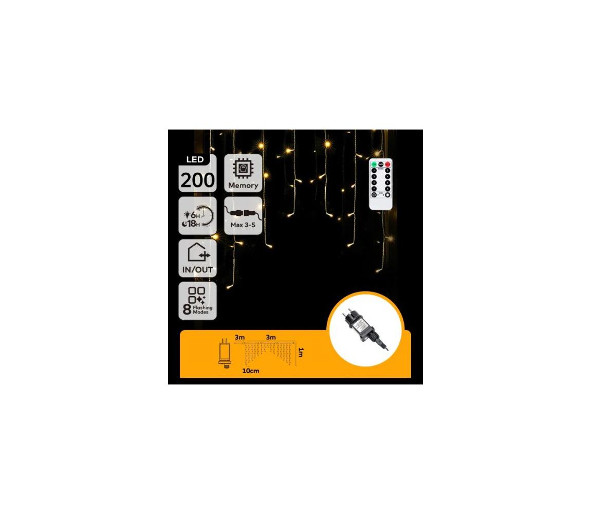 B.V. - LED vonkajší vianočný reťazec 200xLED/6W/230V/8 funkcií 3x1m IP44 teplá biela + diaľkové ovládanie B10303S7J